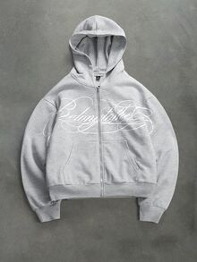 Manfinity Roghcode Men's Plus Size Letter Print Long Sleeve Zip-Up Hooded Sweatshirt - Grey - View 3
