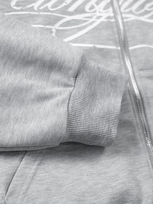 Manfinity Roghcode Men's Plus Size Letter Print Long Sleeve Zip-Up Hooded Sweatshirt - Grey - View 5