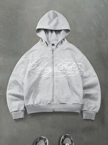 Manfinity Roghcode Men's Plus Size Letter Print Long Sleeve Zip-Up Hooded Sweatshirt - Grey - View 1