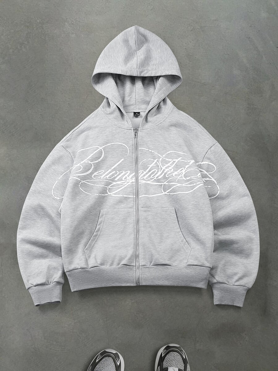 Manfinity Roghcode Men's Plus Size Letter Print Long Sleeve Zip-Up Hooded Sweatshirt - Grey - View 1