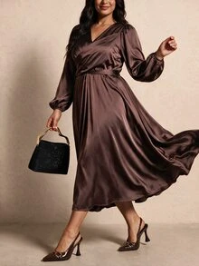 Elaquor Plus Size Dresses Fall/Winter Elegant Luxury Wedding Guest Party Dress For Women Elegant Formal Brown Stain Dress For Women Elegant Homecoming Dress - Brown - View 1