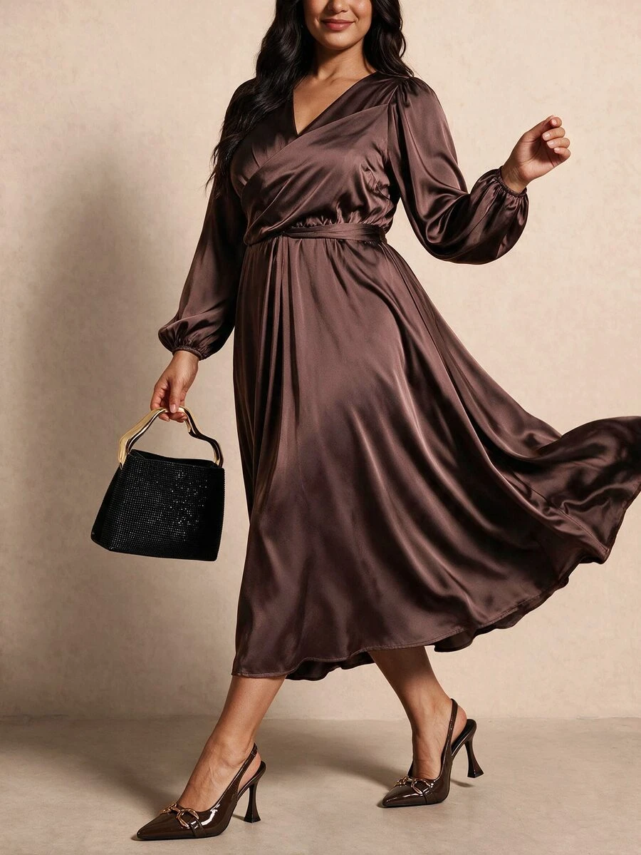 Elaquor Plus Size Dresses Fall/Winter Elegant Luxury Wedding Guest Party Dress For Women Elegant Formal Brown Stain Dress For Women Elegant Homecoming Dress - Brown - View 1