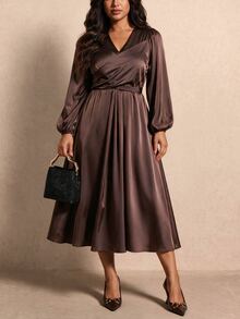 Elaquor Plus Size Dresses Fall/Winter Elegant Luxury Wedding Guest Party Dress For Women Elegant Formal Brown Stain Dress For Women Elegant Homecoming Dress - Brown - View 8