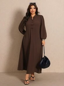 Elaquor 大尺碼女款純色鈕扣設計長袖優雅棕色洋裝，適合秋季辦公室、晚宴、茶會、正式商務工作場合 - 咖啡棕 - 查看 9