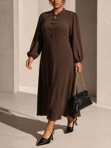 Elaquor 大尺碼女款純色鈕扣設計長袖優雅棕色洋裝，適合秋季辦公室、晚宴、茶會、正式商務工作場合 - 咖啡棕 - 查看 4