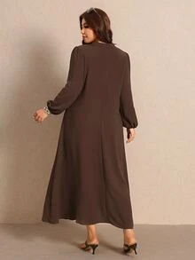 Elaquor 大尺碼女款純色鈕扣設計長袖優雅棕色洋裝，適合秋季辦公室、晚宴、茶會、正式商務工作場合 - 咖啡棕 - 查看 2