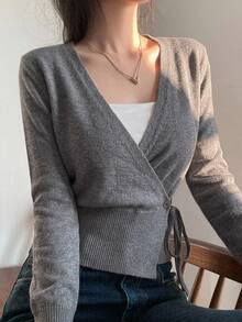 DAZY 女款素色修身不對稱領口綁帶長袖休閒度假韓風秋冬針織毛衣 - 灰色 - 查看 5