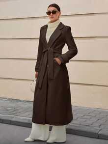 CLARA VERO Lapel Collar Double-Breasted Belt Extra Long Overcoat Office Everyday Dark Brown Autumn Winter Elegant - Brown - View 2