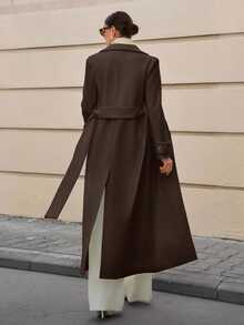 CLARA VERO Lapel Collar Double-Breasted Belt Extra Long Overcoat Office Everyday Dark Brown Autumn Winter Elegant - Brown - View 3