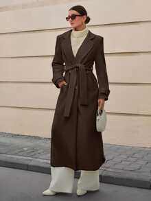 CLARA VERO Lapel Collar Double-Breasted Belt Extra Long Overcoat Office Everyday Dark Brown Autumn Winter Elegant - Brown - View 4