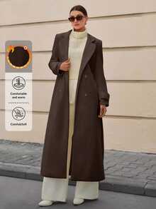 CLARA VERO Lapel Collar Double-Breasted Belt Extra Long Overcoat Office Everyday Dark Brown Autumn Winter Elegant - Brown - View 1