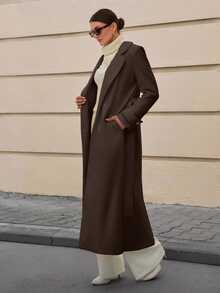 CLARA VERO Lapel Collar Double-Breasted Belt Extra Long Overcoat Office Everyday Dark Brown Autumn Winter Elegant - Brown - View 8