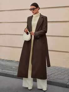 CLARA VERO Lapel Collar Double-Breasted Belt Extra Long Overcoat Office Everyday Dark Brown Autumn Winter Elegant - Brown - View 6