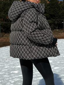 EURMUSE Hooded Geometric Pattern Drop Shoulder Puffer Thick Jacket Everyday Travel Black Winter Street - Black - View 9