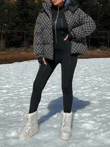 EURMUSE Hooded Geometric Pattern Drop Shoulder Puffer Thick Jacket Everyday Travel Black Winter Street - Black - View 3