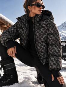 EURMUSE Hooded Geometric Pattern Drop Shoulder Puffer Thick Jacket Everyday Travel Black Winter Street - Black - View 1