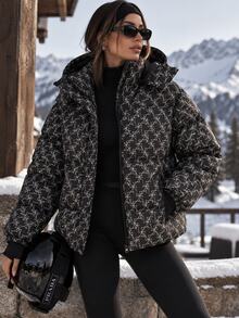 EURMUSE Hooded Geometric Pattern Drop Shoulder Puffer Thick Jacket Everyday Travel Black Winter Street - Black - View 2