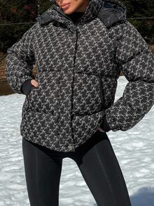 EURMUSE Hooded Geometric Pattern Drop Shoulder Puffer Thick Jacket Everyday Travel Black Winter Street - Black - View 5