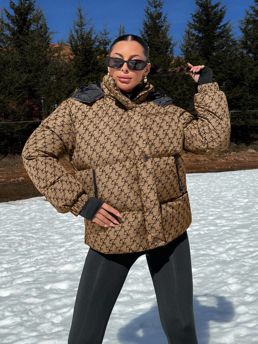 EURMUSE Hooded Geometric Pattern Drop Shoulder Puffer Thick Jacket Everyday Travel Brown Winter Streetwear - Brown - View 1