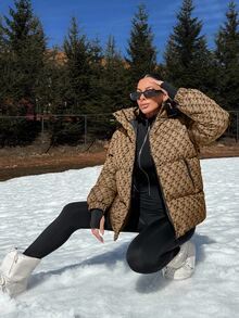 EURMUSE Hooded Geometric Pattern Drop Shoulder Puffer Thick Jacket Everyday Travel Brown Winter Streetwear - Brown - View 4