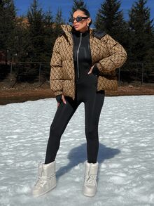 EURMUSE Hooded Geometric Pattern Drop Shoulder Puffer Thick Jacket Everyday Travel Brown Winter Streetwear - Brown - View 7