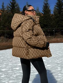 EURMUSE Hooded Geometric Pattern Drop Shoulder Puffer Thick Jacket Everyday Travel Brown Winter Streetwear - Brown - View 2