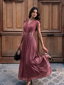 Anewsta Affair AnewstaV Sleeveless Waist-Cinching 3D Floral Applique Long Dress For Women - Pink - View 7