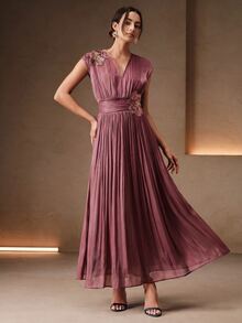Anewsta Affair AnewstaV Sleeveless Waist-Cinching 3D Floral Applique Long Dress For Women - Pink - View 3