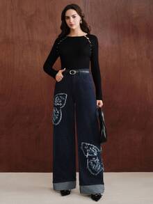 Anewsta Women's Personalized Fashionable Luxurious Embroidered Straight Leg Jeans - Blue - View 4