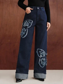 Anewsta Women's Personalized Fashionable Luxurious Embroidered Straight Leg Jeans - Blue - View 3