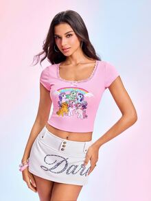 My Little Pony X SHEIN Women's Contrast Lace Bow Decor Short Sleeve T-Shirt - Pink - View 3