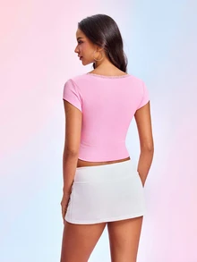 My Little Pony X SHEIN Women's Contrast Lace Bow Decor Short Sleeve T-Shirt - Pink - View 2