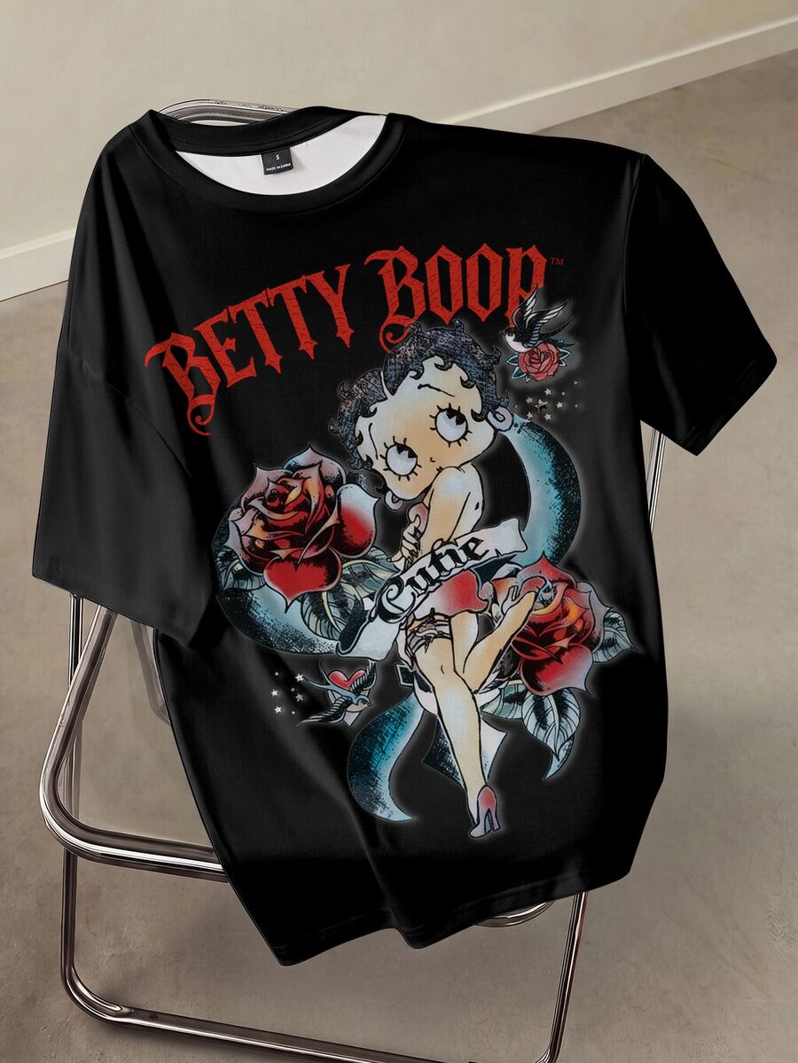 Betty Boop x SHEIN Women's Fashion Cartoon Print Short Sleeve T-Shirt - White - View 1