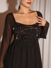 Cravure Plus-Size Women's Elegant Black Long-Sleeve A-Line Dress With Sequin And Mesh Paneling – Suitable For Parties, Daily Wear, And Commuting Fall Winter - Black - View 3