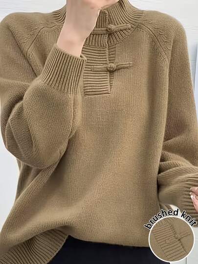 SHEIN LUNE CURVE Top de Tricô Solta Plus Size Feminina Estilo Casual Minimalista Versátil Novo Estilo Chinês com Gola Alta e Botão Frog Cor Sólida Adequada para Uso no Outono/Inverno