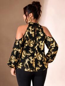 Cravure Women's Plus Size Stand Collar Cold Shoulder Long Sleeve Back Bowknot Knit Elastic Gold Foil Floral Blouse For Outing, Party, Gathering, Versatile - Black - View 7