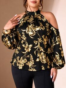 Cravure Women's Plus Size Stand Collar Cold Shoulder Long Sleeve Back Bowknot Knit Elastic Gold Foil Floral Blouse For Outing, Party, Gathering, Versatile - Black - View 9