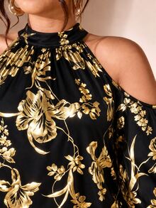 Cravure Women's Plus Size Stand Collar Cold Shoulder Long Sleeve Back Bowknot Knit Elastic Gold Foil Floral Blouse For Outing, Party, Gathering, Versatile - Black - View 2