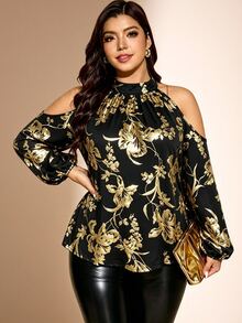 Cravure Women's Plus Size Stand Collar Cold Shoulder Long Sleeve Back Bowknot Knit Elastic Gold Foil Floral Blouse For Outing, Party, Gathering, Versatile - Black - View 3
