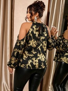 Cravure Women's Plus Size Stand Collar Cold Shoulder Long Sleeve Back Bowknot Knit Elastic Gold Foil Floral Blouse For Outing, Party, Gathering, Versatile - Black - View 4