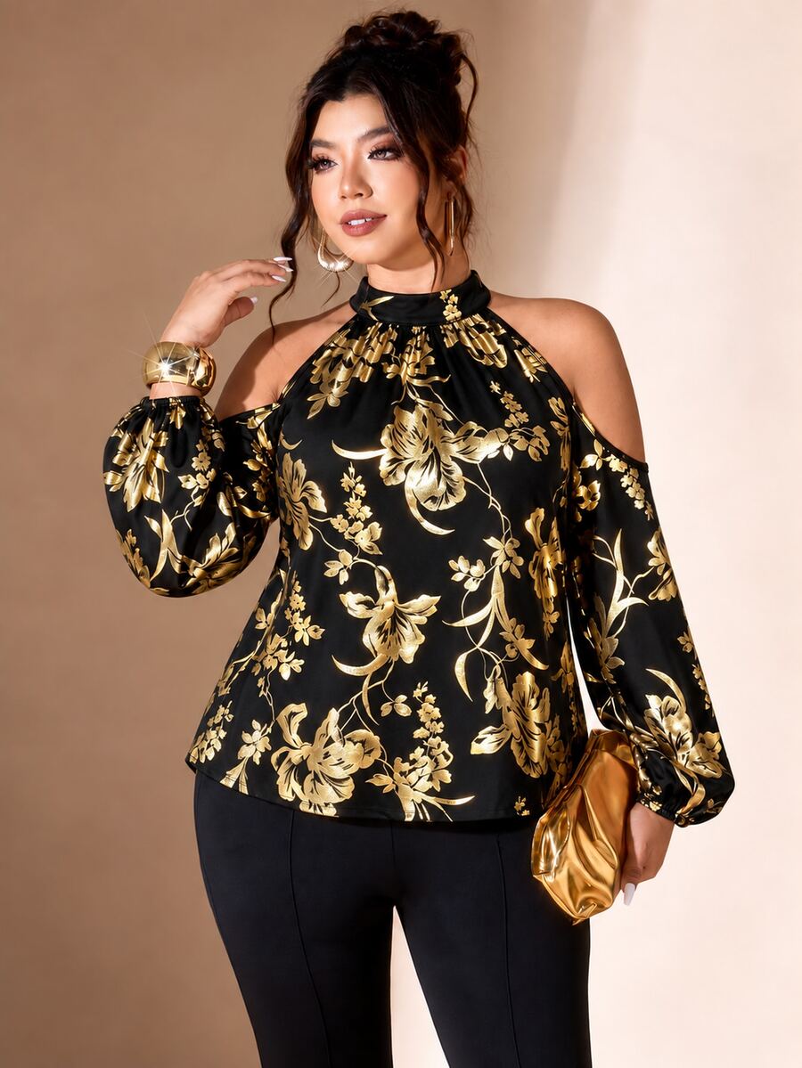 Cravure Women's Plus Size Stand Collar Cold Shoulder Long Sleeve Back Bowknot Knit Elastic Gold Foil Floral Blouse For Outing, Party, Gathering, Versatile - Black - View 1