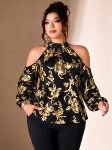 Cravure Women's Plus Size Stand Collar Cold Shoulder Long Sleeve Back Bowknot Knit Elastic Gold Foil Floral Blouse For Outing, Party, Gathering, Versatile - Black - View 6