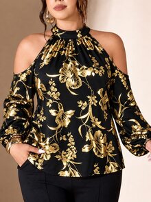 Cravure Women's Plus Size Stand Collar Cold Shoulder Long Sleeve Back Bowknot Knit Elastic Gold Foil Floral Blouse For Outing, Party, Gathering, Versatile - Black - View 5