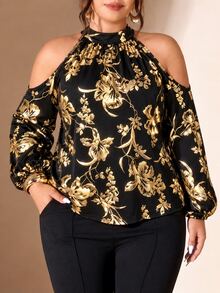 Cravure Women's Plus Size Stand Collar Cold Shoulder Long Sleeve Back Bowknot Knit Elastic Gold Foil Floral Blouse For Outing, Party, Gathering, Versatile - Black - View 10