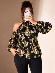 Cravure Women's Plus Size Stand Collar Cold Shoulder Long Sleeve Back Bowknot Knit Elastic Gold Foil Floral Blouse For Outing, Party, Gathering, Versatile - Black - View 8