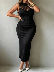 Elenzga Plus Size Mesh Mock Neck Draped Ruched Satin Midi Dress, Sleeveless Slim Elegant Evening Party Dress - Black - View 2