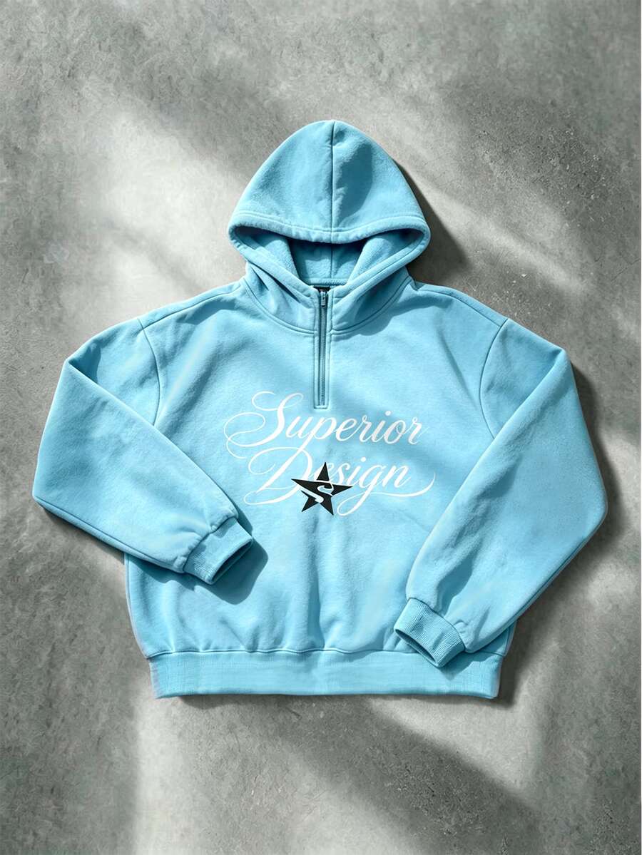 ROMWE MEN Street Life Men Letter Graphic Half Zip Hoodie - Blue - View 1