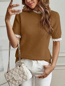 Louniche Spring/Summer Elegant Commute & Home Daily Wear Apricot Small Round Neck Lace Trim Patchwork Knit Pullover Short Sleeve Sweater - Brown - View 6