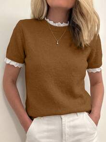 Louniche Spring/Summer Elegant Commute & Home Daily Wear Apricot Small Round Neck Lace Trim Patchwork Knit Pullover Short Sleeve Sweater - Brown - View 8