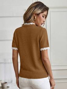 Louniche Spring/Summer Elegant Commute & Home Daily Wear Apricot Small Round Neck Lace Trim Patchwork Knit Pullover Short Sleeve Sweater - Brown - View 2